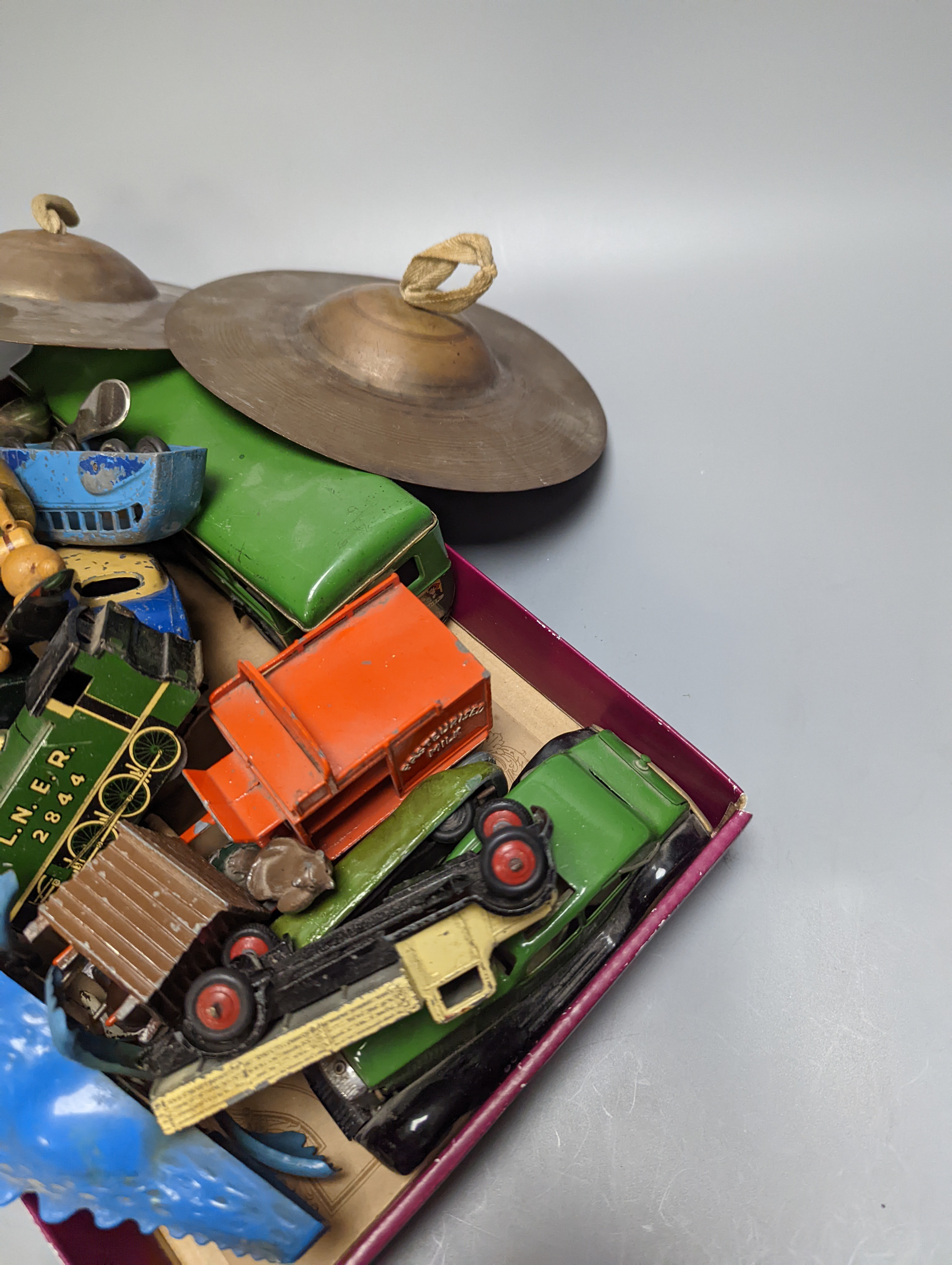 A quantity of mixed toy cars including Dinky and a steam engine